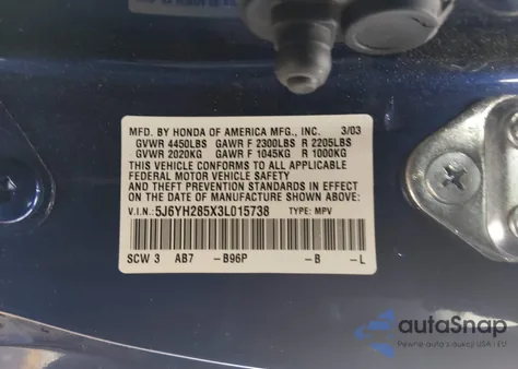 2003 Honda Element Ex z USA, uszkodzony, nr VIN 5J6YH285X3L015738